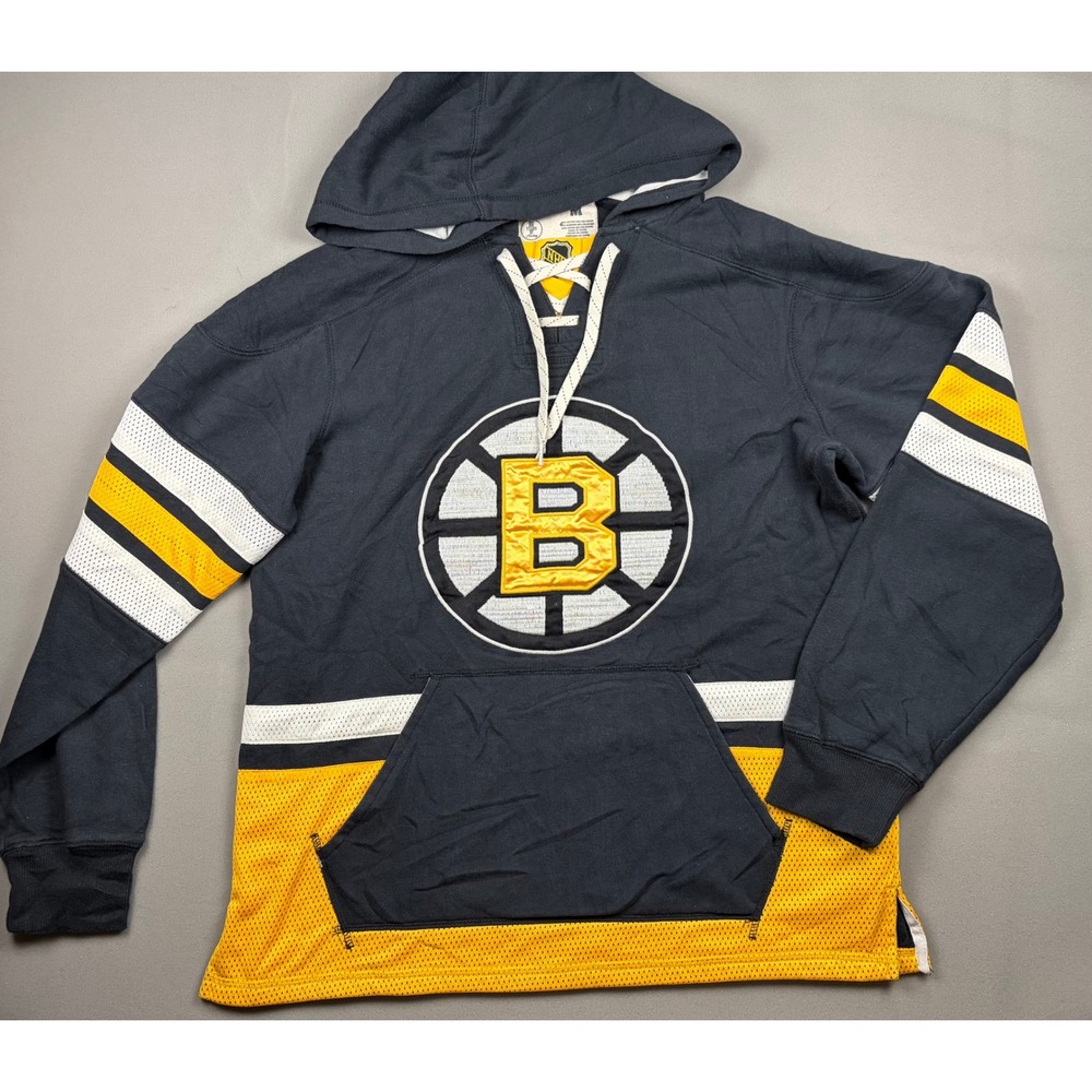 Boston Bruins CCM NHL Lace Up Hoodie Sweatshirt Black Gold Mens Medium